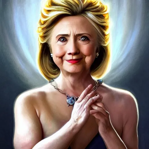 Prompt: Hillary Clinton holding up italian hands, as a fantasy magic woman portrait, sci-fi, amber eyes, face, long hair, fantasy, intricate, elegant, highly detailed, digital painting, artstation, concept art, smooth, sharp focus, illustration, art by artgerm and greg rutkowski and alphonse mucha