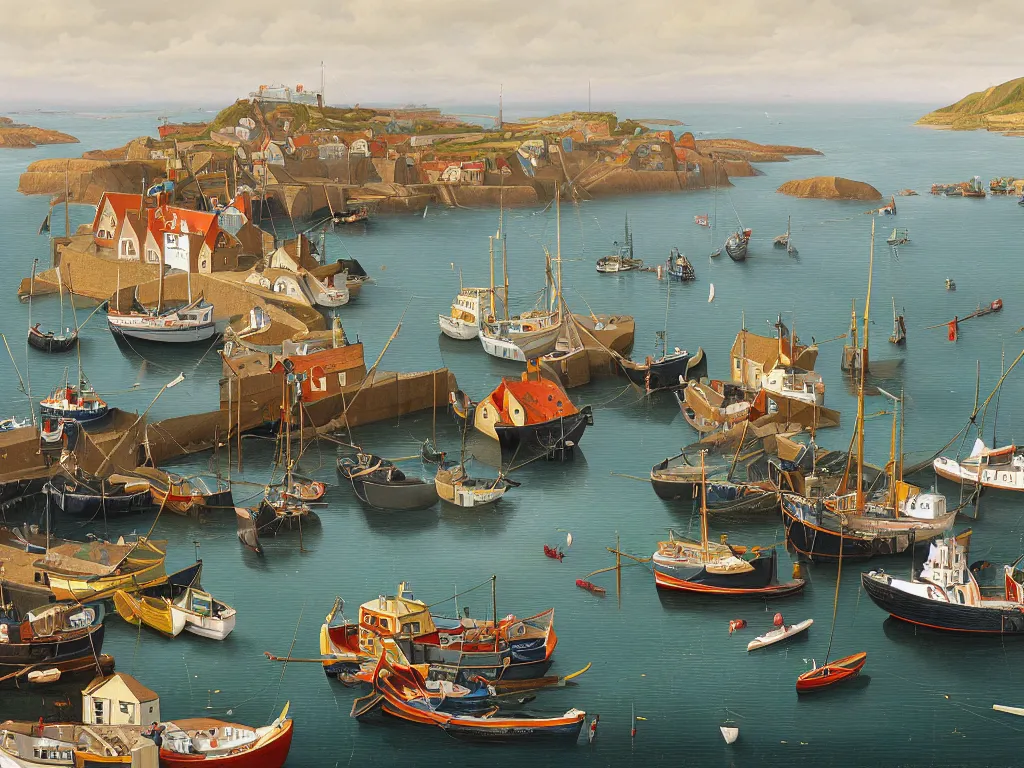 Image similar to a detailed gouache painting illustration of a typical English coastal fishing harbor, by Michiel Schrijver, ultra-hd, sharp focus, isometric