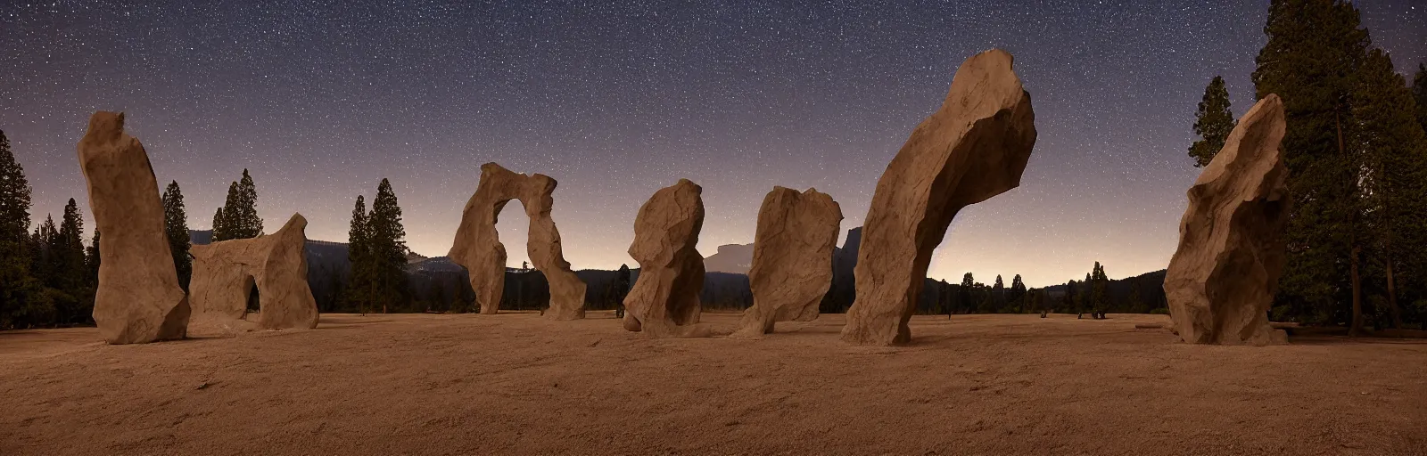 Image similar to to fathom hell or soar angelic, just take a pinch of psychedelic, medium format photograph of two colossal minimalistic necktie sculpture installations by antony gormley and anthony caro in yosemite national park, made from iron, marble, and limestone, granite peaks visible in the background, taken in the night