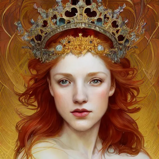 Prompt: beautiful watercolor painting of a young red hair woman wearing a crown of long golden fish, intricate, elegant, highly detailed, digital painting, artstation, concept art, smooth, sharp focus, art by krenz cushart and artem demura and alphonse mucha, dynamic lighting, ultrarealistic, cinematic, octane render, 8 k