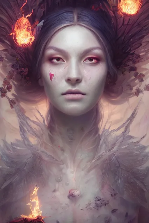 Image similar to face closeup of beautiful girl necromancer, witch - doctor exploding into flowers, angels, 3 d render, hyper - realistic detailed portrait, holding fire and electricity, forest, wings, leaves and magic, ruan jia, wlop. scifi, fantasy, magic the gathering, hyper detailed, octane render, concept art, peter mohrbacher