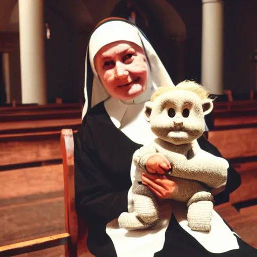 Image similar to a nun in church holding chucky the demonic killer doll on her lap