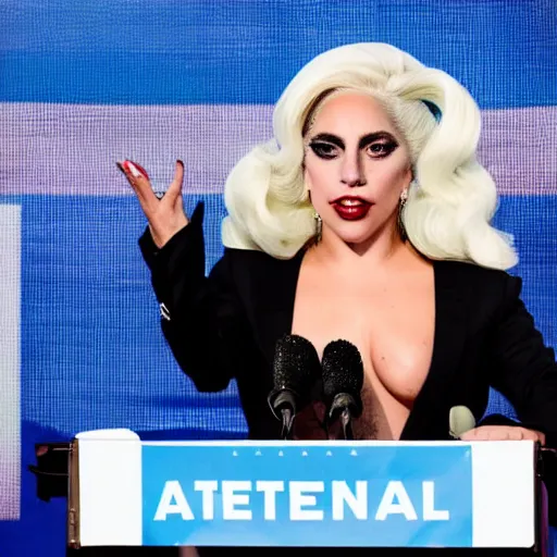 Image similar to Lady Gaga as president, Argentina presidential rally, Argentine flags behind, bokeh, giving a speech, detailed face, Argentina