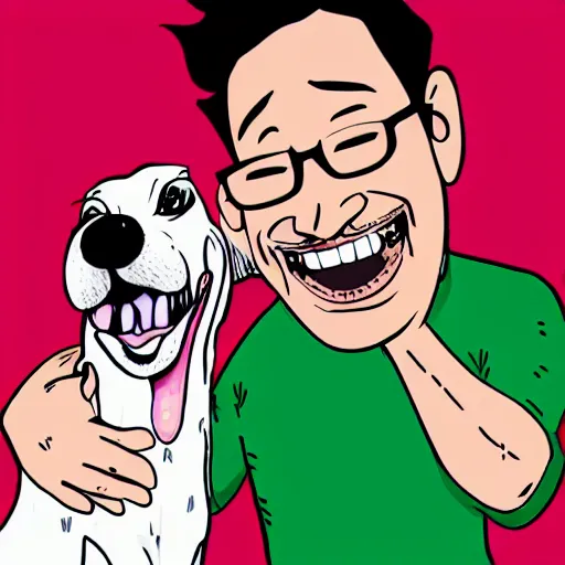 Image similar to a caricature of Markiplier laughing happily as he pets his dog, caricature art style.