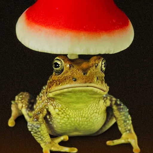 Image similar to A toad seated on an amanita-colored throne