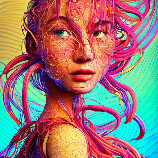 Image similar to the portrait of a ridiculously beautiful and elegant woman partially made of onion rings of all colors, an ultrafine detailed illustration by james jean, final fantasy, intricate linework, bright colors, behance contest winner, vanitas, angular, altermodern, unreal engine 5 highly rendered, global illumination, radiant light, detailed and intricate environment