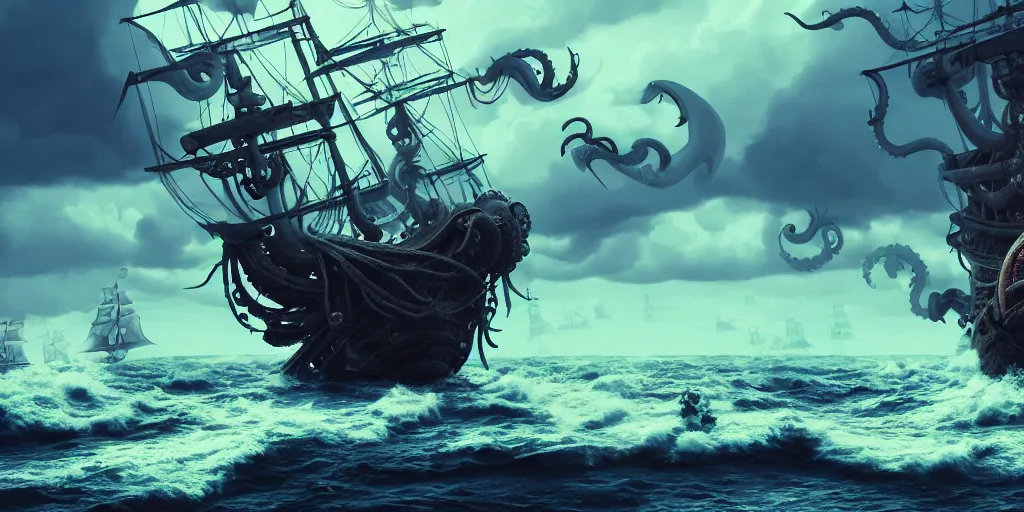 Image similar to the kraken sinking a pirate ship, kraken attacking pirate ship in rough seas, studio ghibli style, photorealistic illustration, high quality render, 8 k resolution, octane render