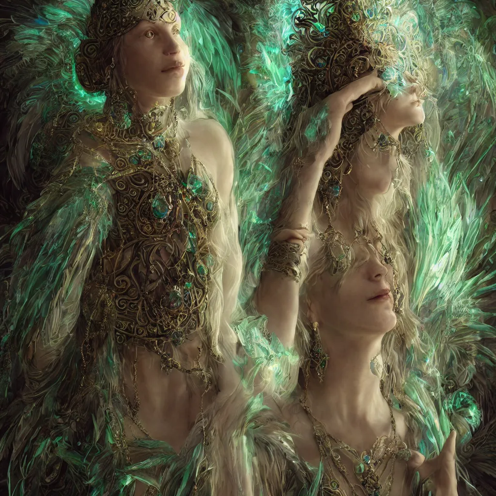 Image similar to wiccan high priestess with angelic face, super fine details and intricate jewellery with feathers and crystals, ethereal, in deep clear emerald water, divine realm of gods, solarpunk realistic cinematic style, high contrast filmed in 7 0 mm, volumetric lighting, octane render, concept art, leonardo davinci, unreal engine, greg rutkowski, zbrush, 8 k