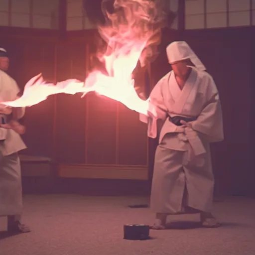 Image similar to cinematic film still of rapper JID starring as a Japanese Sensei with fire, Japanese CGI, VFX, 2003, 40mm lens, shallow depth of field, film photography