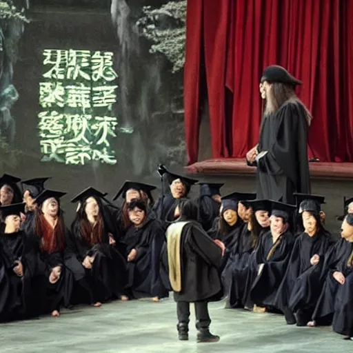 Image similar to Jackie Chan as Dumbledore giving a speech to the students