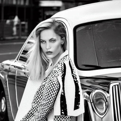 Prompt: close up of a fashion model standing in front of a taxi, vogue magazine editorial, highly detailed