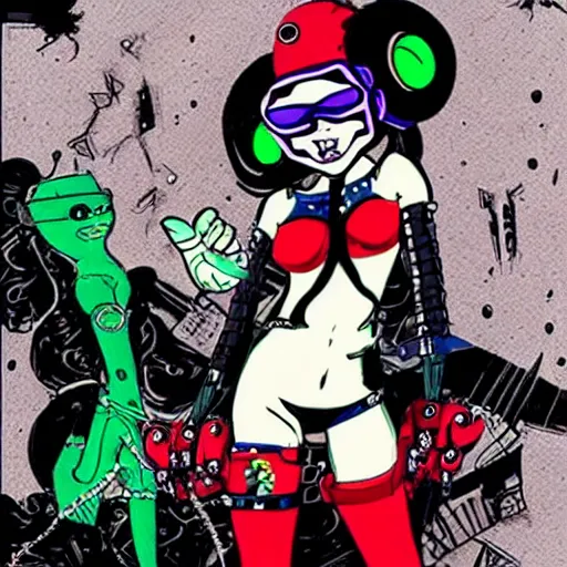 Image similar to a cybergoth woman wearing goggles and eccentric jewelry by jamie hewlett : : full body character concept art, detailed,