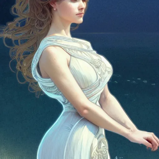 Prompt: long shot, woman posing, short wavy hair, round face, intricate white dress, cottagecore!!, inside water, intricate, enlightened, highly detailed, digital painting, artstation, concept art, smooth, sharp focus, illustration, art by artgerm and greg rutkowski and alphonse mucha