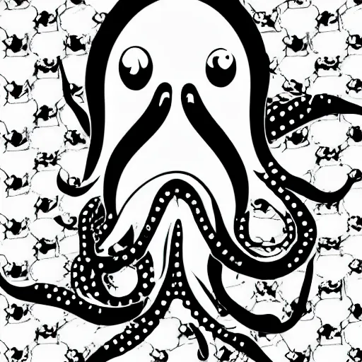 Image similar to very angry squid, 🦑 design, squared border, black and white, mad cuttlefish, cute decapodiformes