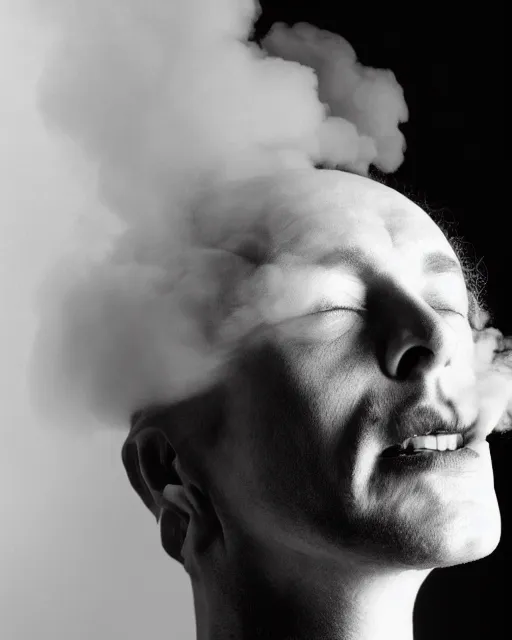 Image similar to a man who's head is turning into a puff of smoke, annie liebowitz, black and white