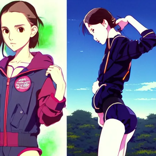 Prompt: a beautiful! boyish! natalie portman alluring gravure! model, wearing oversized mayan bomber jacket and leotard with overalls, bulky poofy bomber jacket with mayan patterns, gapmoe yandere grimdark, trending on pixiv fanbox, painted by greg rutkowski makoto shinkai takashi takeuchi studio ghibli, akihiko yoshida