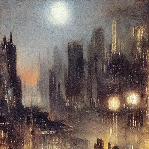 Image similar to cyberpunk city at night with silhouette figure in foreground. Turner painting 1910