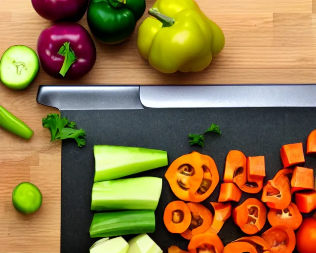 Image similar to 9 0 degrees fov, first person point of view of me chopping vegetables on a chopping board