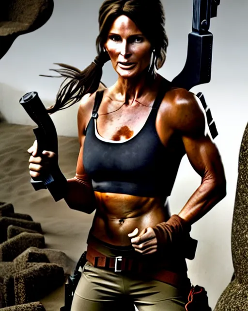 Image similar to uhd candid photo of caitlin jenner dresed as lara croft tomb raider. photo by annie leibowitz.