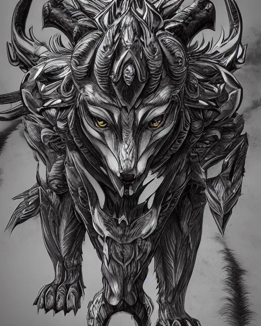 Image similar to A minotaur wolf, full body, highly detailed, close-up, fantasy art, monster art, in the style of masami kurumada, illustration, epic, fantasy, intricate, hyper detailed, artstation, concept art, smooth, sharp focus, ray tracing