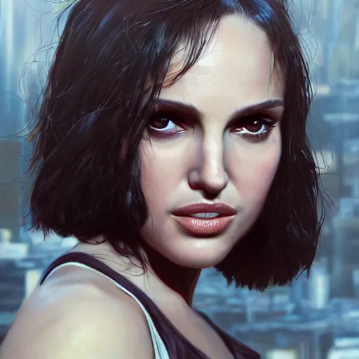 Image similar to closeup portrait of natalie portman from the movie leon the professional, hitman, city background, dramatic light, gorgeous view, depth, high detail, digital art, painted by greg rutkowski and seb mckinnon, by tim burton, trending on artstation