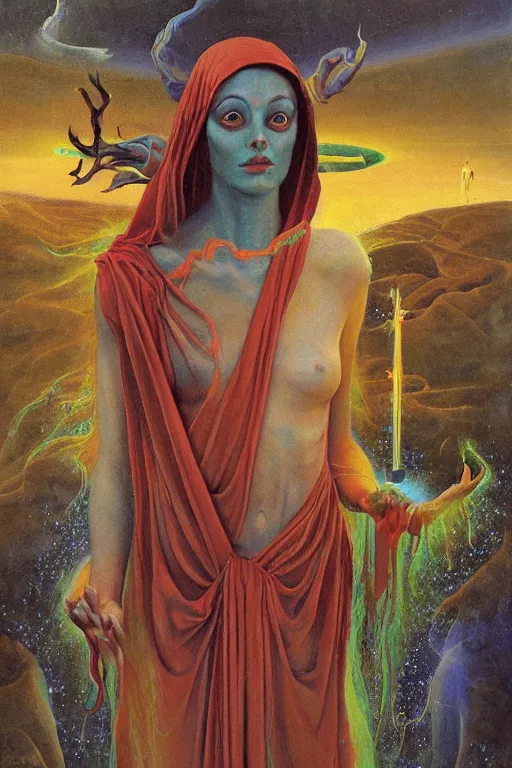 Prompt: gorgeous robed cult girl performing realism third eye ritual, expanding energy into waves into the ethos, epic surrealism 8k oil painting, portrait, depth of field, perspective, high definition, post modernist layering, by Ernst Fuchs, Gerald Brom