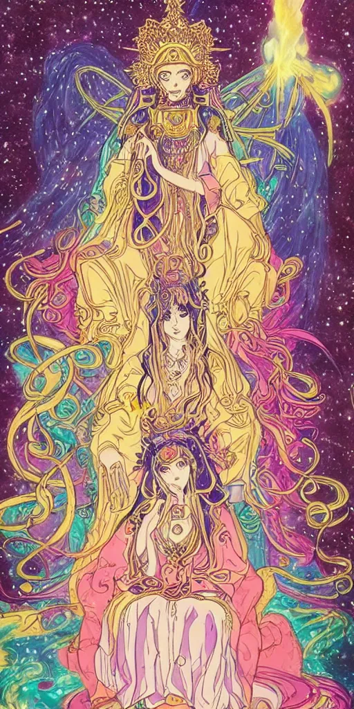 Image similar to a mystical woman priestess sitting on a throne, the divine feminine, drawn by studio UFOTABLE, psychedelic, pastel colors, Tarot cards. The empress tarot card, detailed, anime