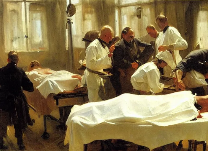 Image similar to anders zorn oil painting of instruction of autopsy surgery