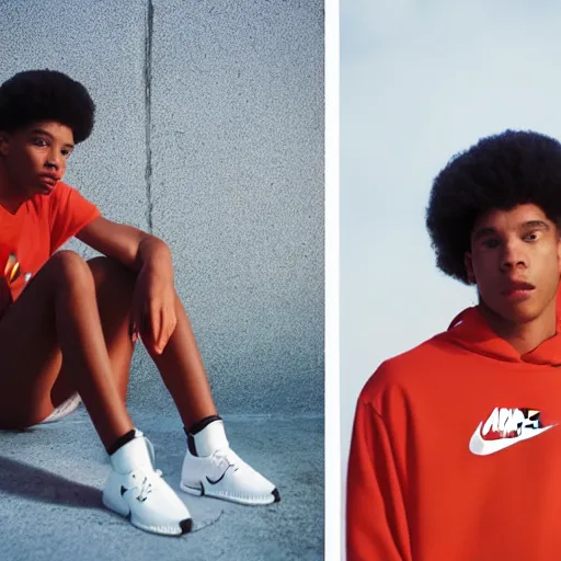 Image similar to realistic photoshoot for a new nike lookbook, color film photography, portrait of a beautiful person, in style of Tyler Mitchell, 35mm, graflex