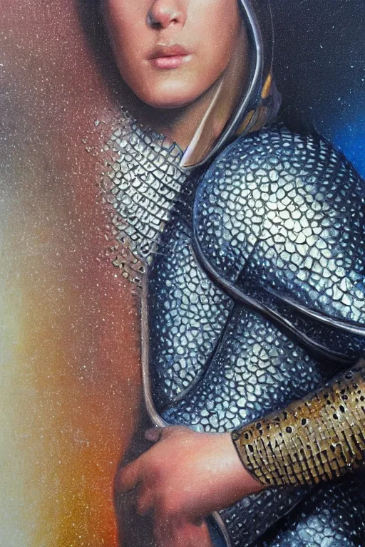 Image similar to hyperrealism oil painting, close - up portrait of face hiding in stingray medieval fashion model, knight, steel gradient mixed with nebula sky, in style of baroque mixed with 7 0 s book art