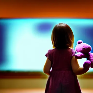 Prompt: in the background: blurry Eldritch horrors. In the foreground: a small toddler girl holding a teddy bear. hyperrealistic, well composed, 3D, 8K, digital art, award-winning