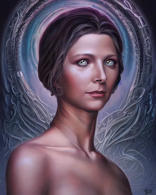 Image similar to lovecraft biopunk portrait of young olivia newton john by tomasz alen kopera and peter mohrbacher.
