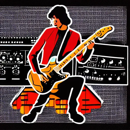 Image similar to 1 9 7 0 - young - jimmy page from led zepelin playing - guitar - solo, sticker - art, svg vector, adobe - illustrator