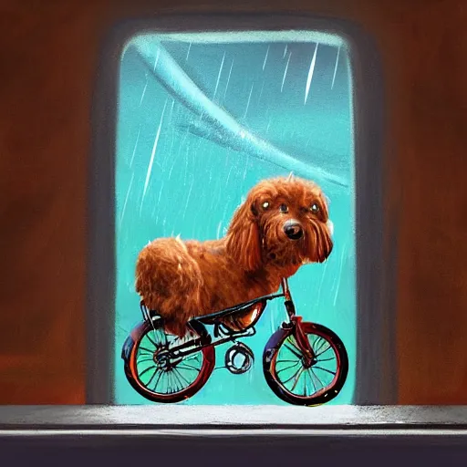 Prompt: painting of a dog riding a bicycle on top of a train, raining, on the surface of the moon, cat in bicycle basket, trending on artstation