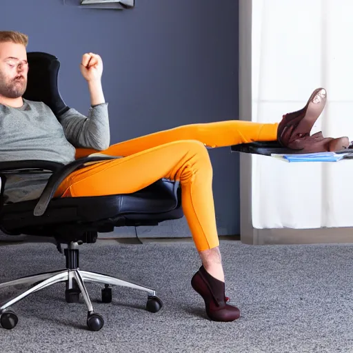 Image similar to person lounging in a computer chair, legs sprawled out left leg on the floor, right leg dangling over the right arm of the chair