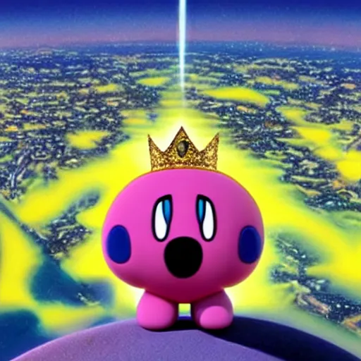 Image similar to Kirby wearing a crown and looking down at a city from the clouds