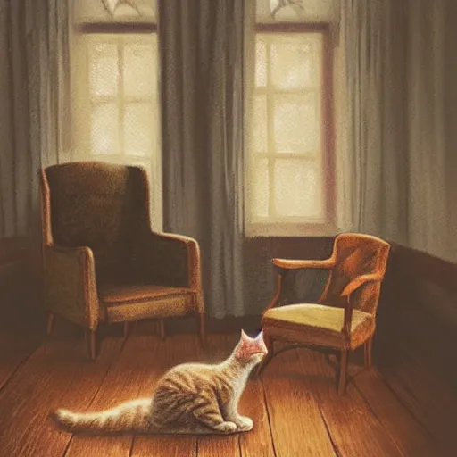 Image similar to “ cat reading a book, cozy chair in a warmly lit room, illustration, 8 k ”