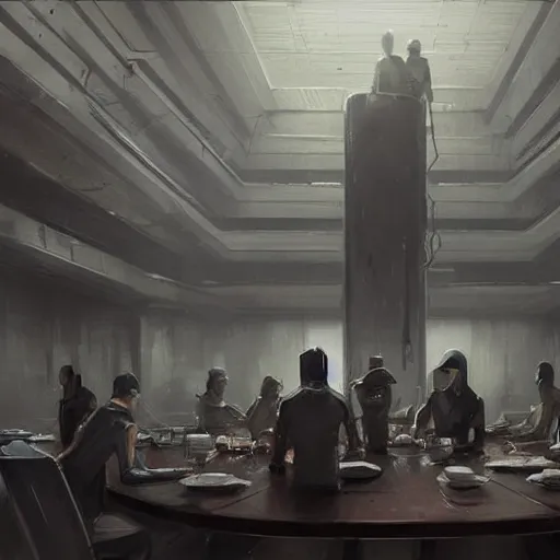 Image similar to concept art by greg rutkowski, a very tall, and slender man with short black hair, sitting with the crew in the ship's dining room, brutalist futuristic interior, dark lighting atmosphere, detailed portraits, nostalgic atmosphere, scifi, digital painting, artstation, concept art, smooth, sharp foccus ilustration, artstation hq