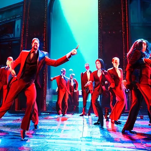 Prompt: Production photo of John Wick the musical on broadway, dancing, singing, fighting, John Wick costumes by Julie Taymor, set design by Julie Taymor