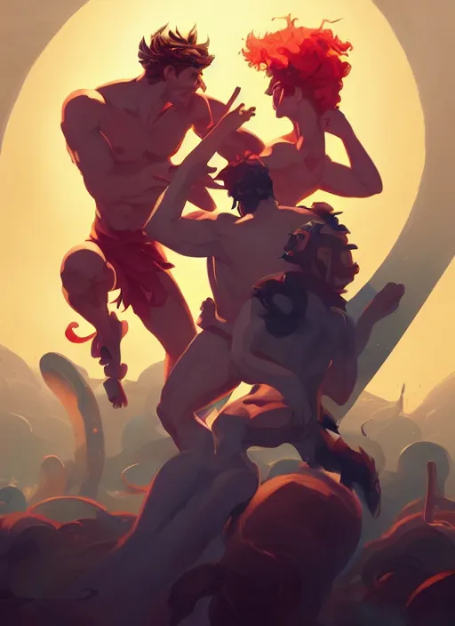 Prompt: Clash between the greek gods Apollo and Dionysus, in the Style of Artgerm and Charlie Bowater and Atey Ghailan and Mike Mignola, vibrant colors and hard shadows and strong rim light, Comic Cover Art, plain background, trending on artstation