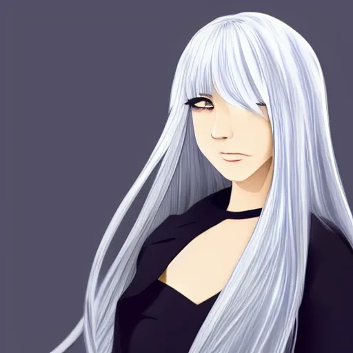 Image similar to young woman with long wavy light silver hair, with blackness instead of eyes, anime