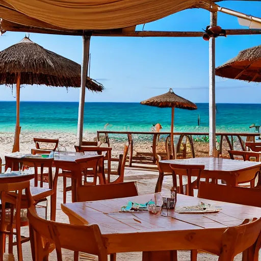 Image similar to an interior view of a complex outdoor restaurant leading to a view of the beach