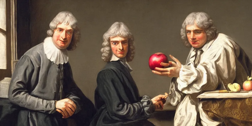 Prompt: sir isaac newton giving an apple to alan turing, hyper realistic, highly detailed, sharp focus, depth of field