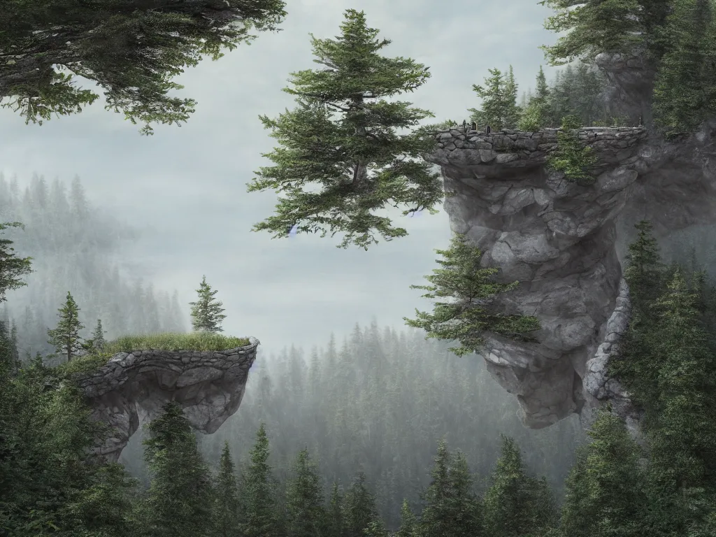 Image similar to A beautiful matte drawing of a small ellipse-shaped building with rounded windows, standing on a large cliff near a coniferous forest. A very thin stone bridge goes over the cliff. View from afar, photorealism, fog, 8k, 16k