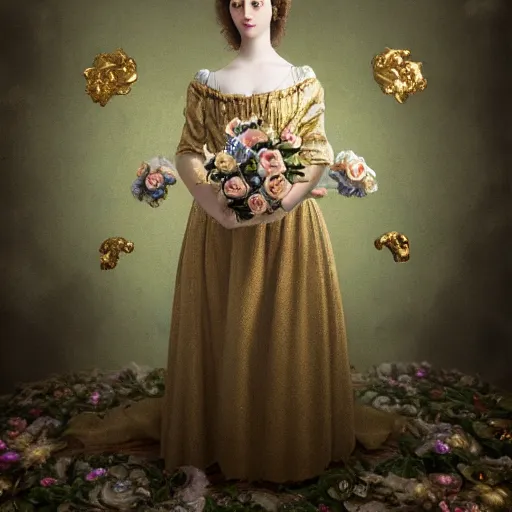 Prompt: 8k, octane render, realism, tonalism, renaissance, rococo, baroque, portrait of a young lady wearing dress with flowers and skulls, background chaotic gold leaf flowers
