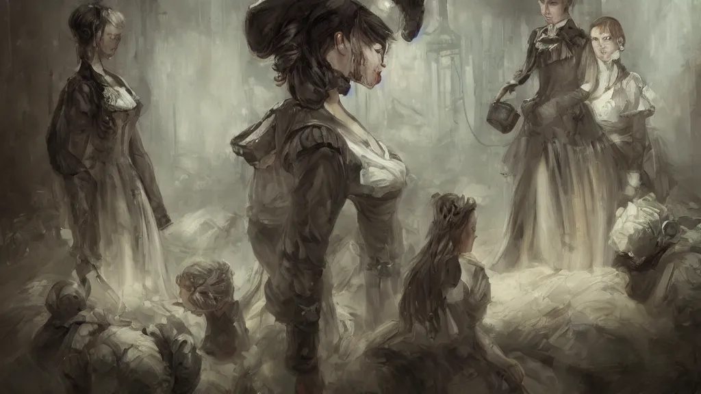 Prompt: thousands of clones of a Victorian maid, dystopia, fantasy, trending on art station, oil painting, concept art