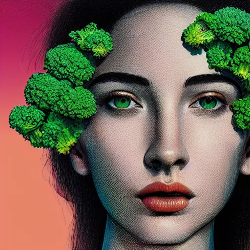 Image similar to the portrait of an unbelievably beautiful and sophisticated young woman made up of broccoli, an ultrafine detailed illustration by james jean, intricate linework, bright colors, final fantasy, behance contest winner, vanitas, angular, altermodern, unreal engine 5 highly rendered, global illumination, radiant light, detailed and intricate environment