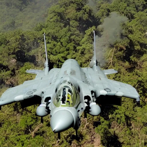 Image similar to a-10 warthog, bombs, explosions, dense jungle, Ariel shot