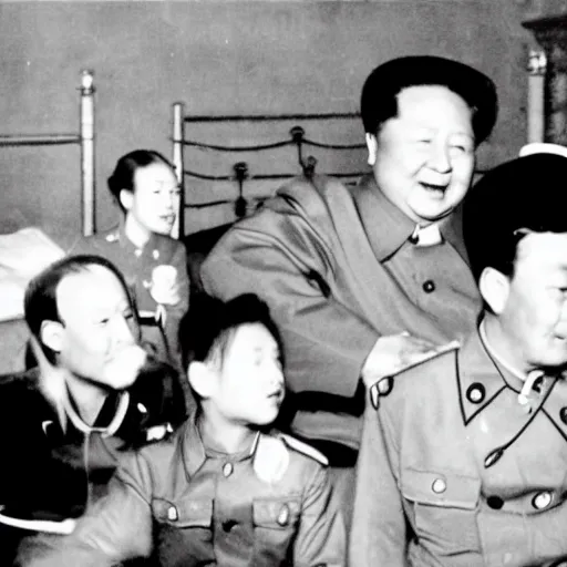 Prompt: mao zedong in pyjamas at a sleepover with stalin 9 0's music video