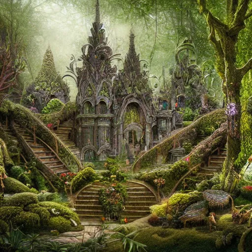 Prompt: a beautiful and highly detailed matte painting of an elven temple magical fantasy garden in a lush forest, intricate details, epic scale, insanely complex, 8 k, sharp focus, hyperrealism, by james gurney and brian froud,